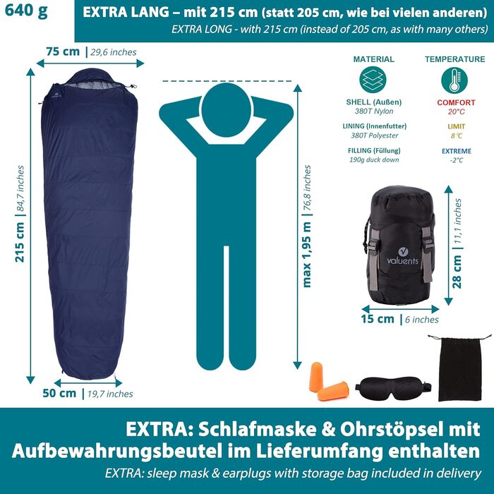 Спальний мішок Outdoor Daunenschlafsack: ультралегкий, теплий, з наповнювачем з гусячого пуху (190г) + маска для сну та беруші