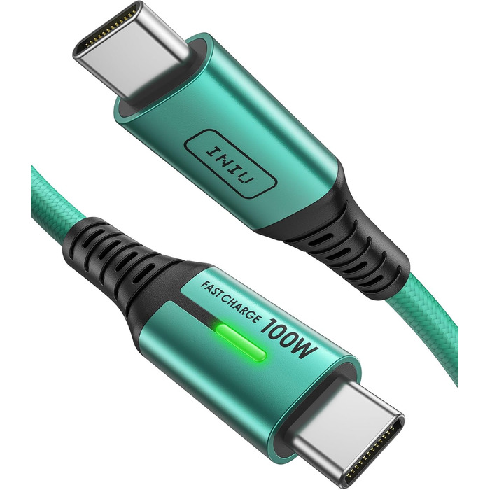 Кабель USB-C INIU 100W з підтримкою PD3.0, 2м, зелений. Сумісний з iPhone, Samsung, Pixel, iPad, MacBook. Нейлонова обплітання.