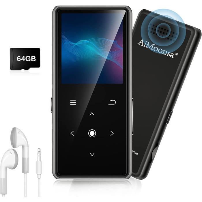MP3-плеєр AiMoonsa 64GB з Bluetooth 5.2, FM-радіо, HiFi-звук, E-Book, вбудований HD-динамік та функцією запису голосу, чорний