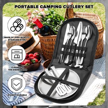 Набір посуду для кемпінгу на 4 особи, 22 шт. Посуд для відпочинку на природі, столові прибори (ложки, виделки, ножі), фіксатори для тарілок, серветки для миття. Ідеально для пікніків та подорожей.