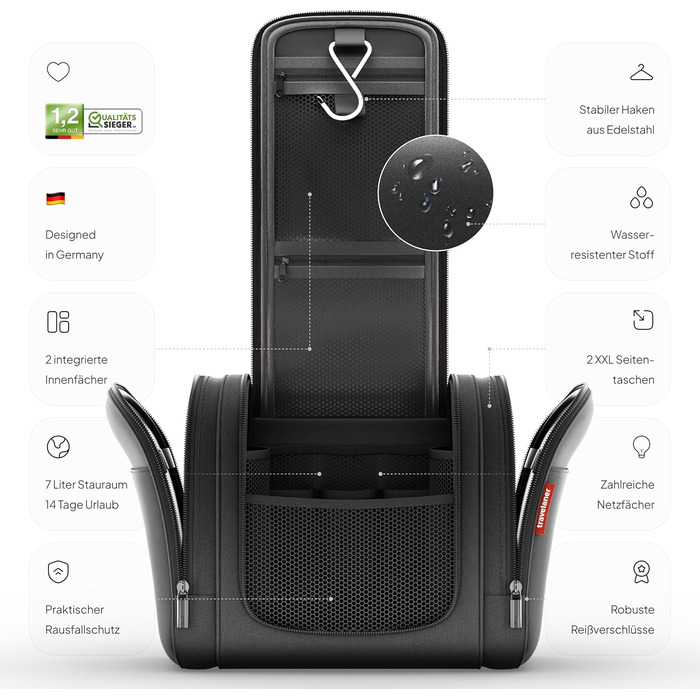 Чоловіча/Жіноча/Дитяча дорожня косметичка-органайзер Travelaner 7л, 3-в-1, чорна, водонепроникна