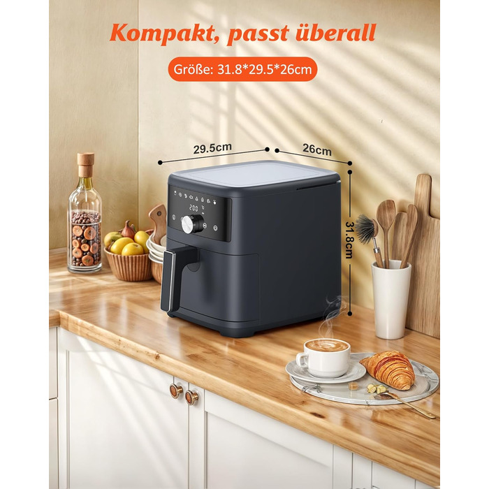 Аерофритюрниця Innsky 6 л, 8-в-1, електрична Heißluftfritteuse XXL, 1500 Вт, LED-сенсор, енергоощадна, тиха (50 дБ), для 3-5 осіб, сіра, квадратна, можна мити в посудомийці