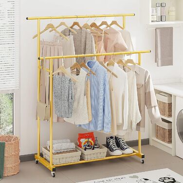 Clothes rack with double bar, rolling clothes rack, portable clothes rack for bedroom, living room, clothing store, gold