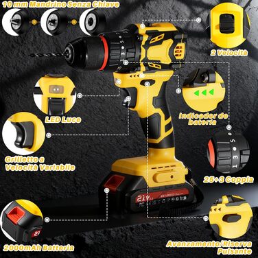 Акумуляторний шуруповерт 21V безщітковий, 2 акумулятори 2.0Ah, 70 Nm, 25+3 ступені крутного моменту, 2 швидкості, LED-ліхтик, патрон 10 мм, для ремонту та DIY