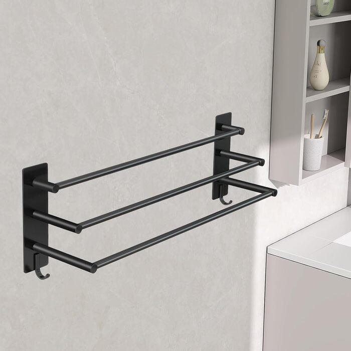 Тримач для рушників Vista з 3-ма штангами, без свердління, нержавіюча сталь SUS304, сріблястий, з двома гачками, 60 см, для кухні, ванної кімнати, спальні