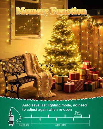 Гірлянда на Хелловін для вулиці, 300 LED, з функцією пам'яті та таймером, 8 режимів освітлення, вологостійка, 50 метрів, тепле світло