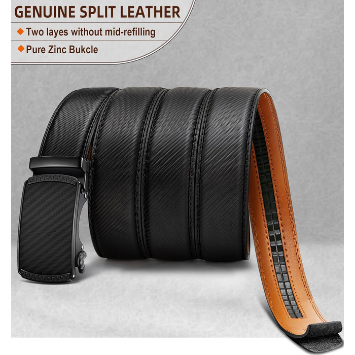 Чоловічий шкіряний ремінь BULLIANT з автоматичною застібкою-разом, ширина 35 мм, регульований розмір 110 см, чорний