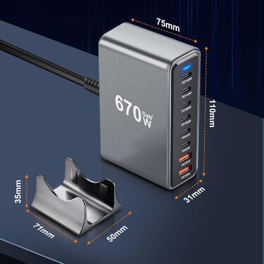 Зарядний пристрій USB-C 435W, 6 портів: для MacBook Pro/Air, iPad Pro/Air, Samsung та інших - Чорний