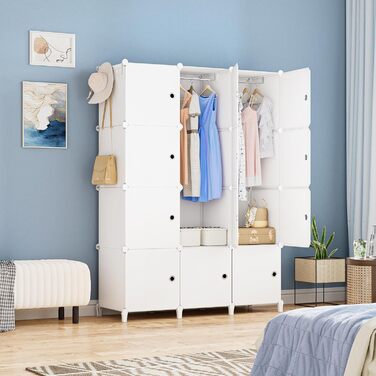 HOMIDEC Wardrobe, Portable Storage System, 20 Cube Closet made of Plastic with 2 Clothes Racks, Bedroom Wardrobe Closet White for Bedroom, 180 x 142 x 45cm (12 cube, All White)