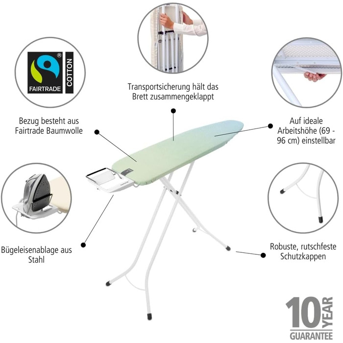 Прасувальна дошка Brabantia Bügelbrett B, 124 x 38 см, 100% Fairtrade-бавовна, стабільна, регульована по висоті, з підставкою для праски