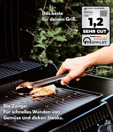 Набір гриль-посуду LEÓN Goods®: щипці, лопатка, виделка, щітка для гриля (4 шт.) з нержавіючої сталі та акації, для газових грилів. Ідеальний подарунок для гриля!