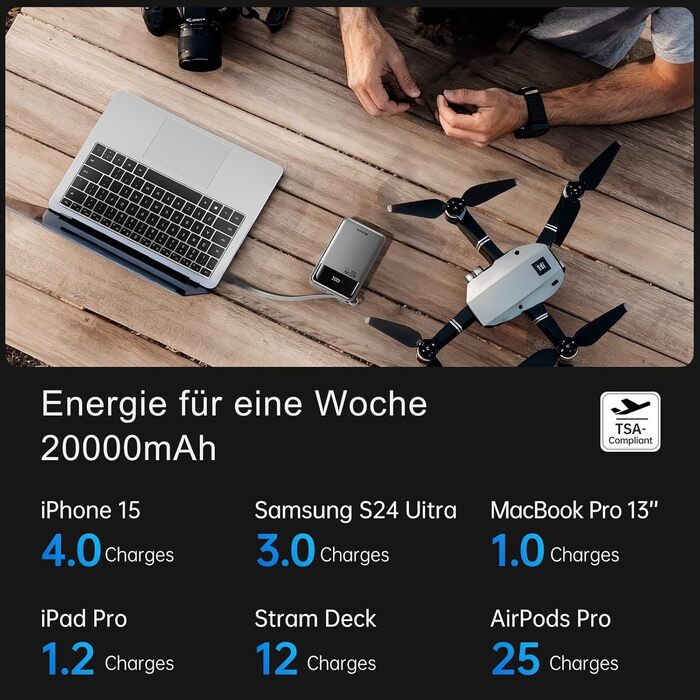 Power Bank Hichain 65W 20000mAh з кабелем USB-C, LED дисплей, чорний - для MacBook, iPhone, Samsung, iPad