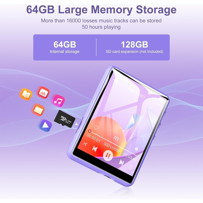 MP3 плеєр SWOFY 128GB Bluetooth 5.3, фіолетовий: музичний плеєр з сенсорним екраном 2.4