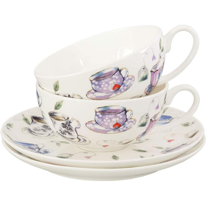 Tea cup set made of fine bone china porcelain. 6 teacups, each 150ml, and 6 saucers with a stylish cup design.