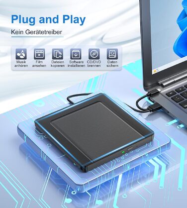 Зовнішній CD/DVD привід USB 3.0 та USB-C, ультратонкий оптичний накопичувач CD DVD +/-RW ROM для ноутбука, ПК, MacBook (Windows, macOS, Linux), чорний