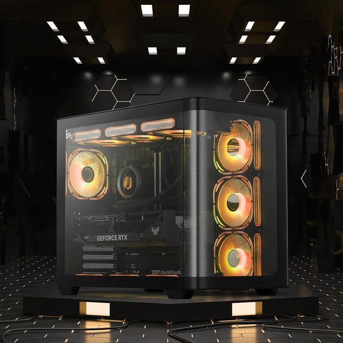 darkFlash ATX корпус для ігрового ПК Mid-Tower, 4 ARGB вентилятори, прозора передня панель, 2 камери, Typ-C, підтримка 2x360 AIO, чорний (DPW90)