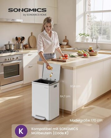 Відро для сміття SONGMICS 50 л, нержавіюча сталь, знімний внутрішній відро, Soft-Close, білий (LTB595E01)