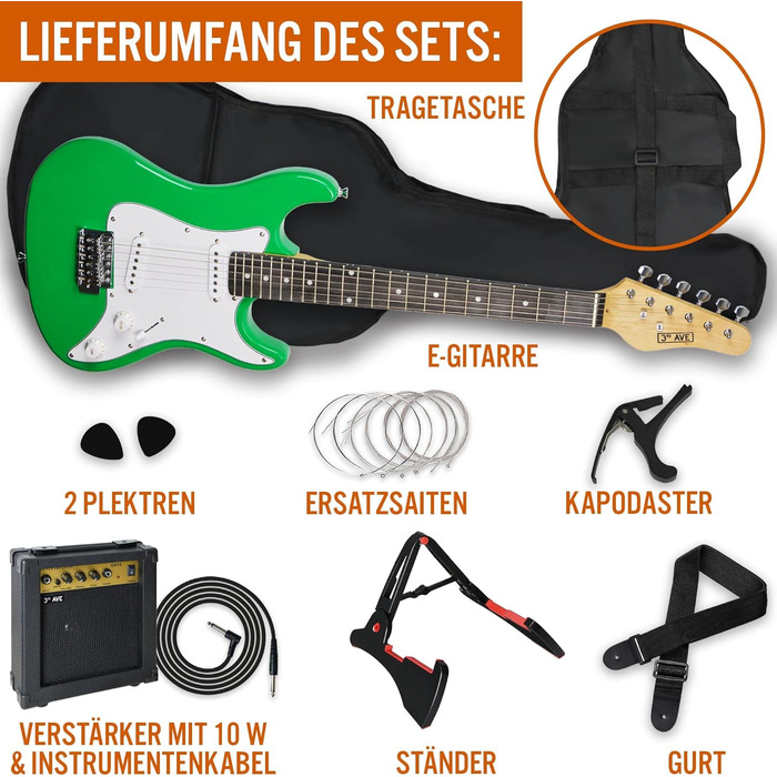 Електрогітара 3/4 розміру 3rd Avenue XF Ultimate Kit з підсилювачем 10W, тюнером, кабелем, стійкою, чохлом, ремінком, запасними струнами, медіаторами, каподастром – набір для початківців (зелений)