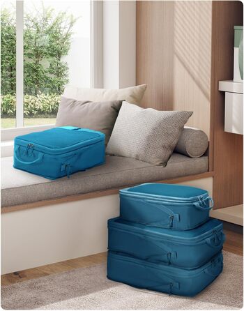 Органайзери для валіз ECOHUB (набір 4 шт) з мітками, екологічні, з перероблених матеріалів, для рюкзаків та валіз, з міцною сіткою, тревел-органайзери (зелений, блакитний)