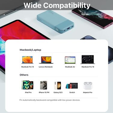 Power Bank JUOVI 10000mAh, 35W з 3 виходами та 2 входами, PD3.0 QC 4.0, цифровий дисплей, для iPhone, MacBook, Samsung, Android (Блакитний)