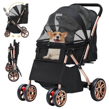 Візок для собак DWVO 3-в-1: візок, переноска, сумка для транспортування. Підходить для собак та котів до 22 кг. Зручний, складаний, з міцними EVA-колесами, кошиком та сітковими віконцями. Розміри: 58,5x76x105 см. Чорний колір.