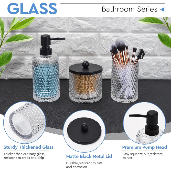Набір аксесуарів для ванної кімнати, 4 шт., янтарне скло: диспенсер для мила, тримач для зубних щіток, контейнер для ватних паличок та піднос з штучного каміння. Організатор для стільниці, янтарний колір (прозорий та матовий чорний піднос)