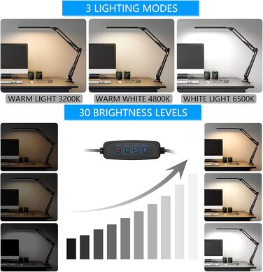 SKYLEO Dimmable Desk Lamp with Clip - Eye Protection LED Desk Light - 3 Modes & 10 Brightness Levels - Black