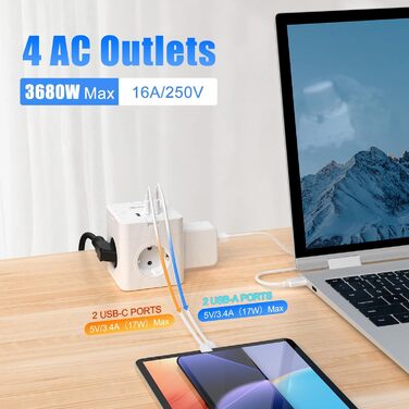 Блок розеток з USB-C, 4 розетки, плоский штекер, індивідуальне вмикання, сплетене кабель 2м для офісу, дому, подорожей - білий