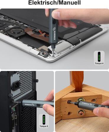 Міні-шуруповерт STREBITO 70-в-1: комплект з 64 бітами, 5 режимів крутного моменту, LED-підсвічуванням, сірий