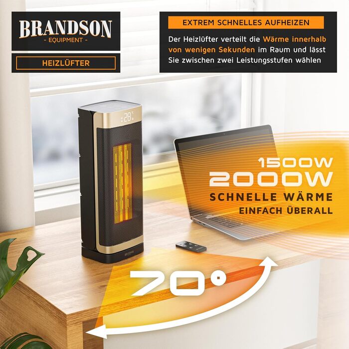 Керамічний обігрівач Brandson з пультом керування, тихий, енергозберігаючий, з осциляцією, дитячий захист, таймер, 2 режими, ECO режим, 2000 Вт - для ванної, вітальні, офісу, дитячої кімнати