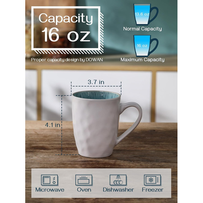 DOWAN Polar Glacier Coffee Mug Set - 6 x 470 ml Modern Stoneware Mug - Large Coffee Mug - Microwave and Dishwasher Safe - Matte White Porcelain Coffee Cups