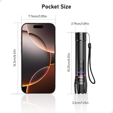 LED ліхтарик Blukar: 10 режимів, зум, водонепроникний, 2000L, 2 колірні температури, для кемпінгу та активного відпочинку