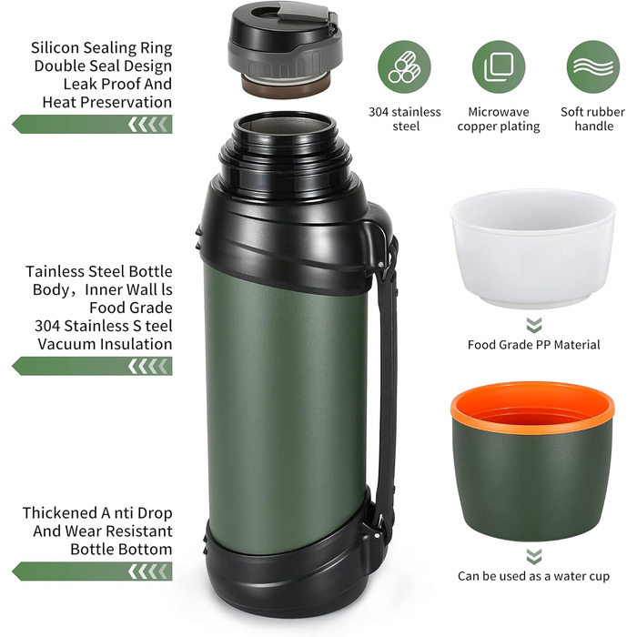 Термосфляка з нержавіючої сталі 2.5L, вакуумна ізольована пляшка з кришкою-чашкою, термотермос, зберігає тепло 24 год, холод 24 год, без BPA (Зелений)