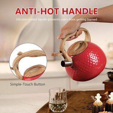 Чайник Harriet Teekessel для плити, 2,5 л, з флейтою, 5-шаровий, з нержавіючої сталі, з термостійким ручками, для газових та електричних плит, червоний, блискучий