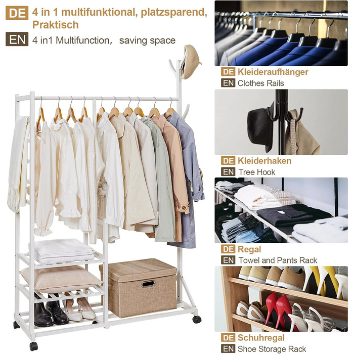 Yorbay Bamboo Clothes Rack with Wheels, Clothes Rail, 3 Shelves and 6 Hooks, Tree Shape, 100 x 38 x 176 cm (White)