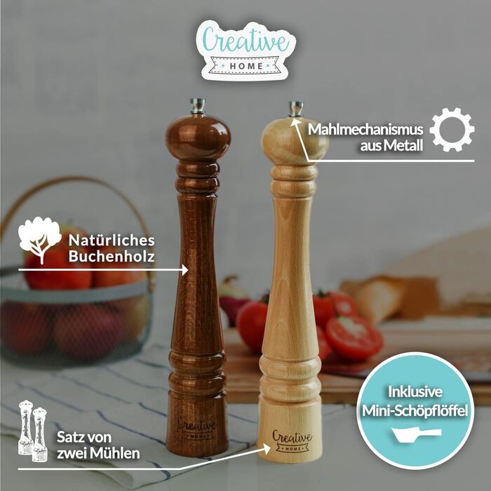 Набір дерев'яних млинів для солі та перцю Creative Home, 31,5 см, ручний механізм, комплект з 2 млинів і дерев'яною лопаткою, для кухні