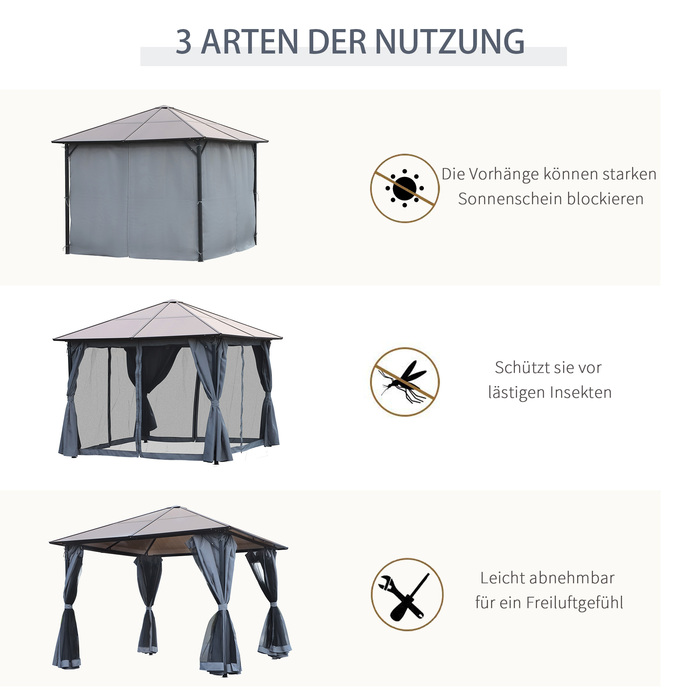 Outsunny 3 x 3m Gazebo Garden Pavilion Party Tent with Side Panels PC Roof Aluminum Dark Grey | Aosom