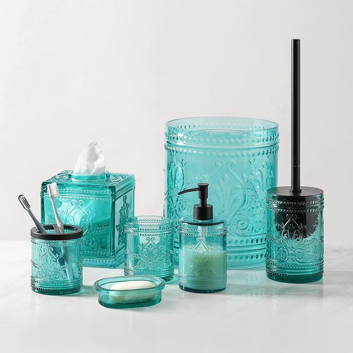 4-piece glass bathroom accessory set with decorative pressed pattern, including soap dispenser, tumbler, soap dish, and toothbrush holder, blue-green