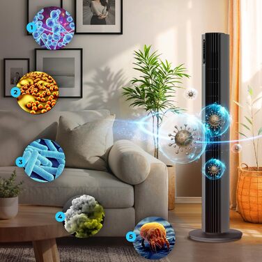 Турбовентилятор 110 см з пультом керування, тихий вентилятор-вежа, 30W, 12 швидкостей, таймер 12h, іонізація, охолоджувач повітря PURE Plasma, білий (сірий)