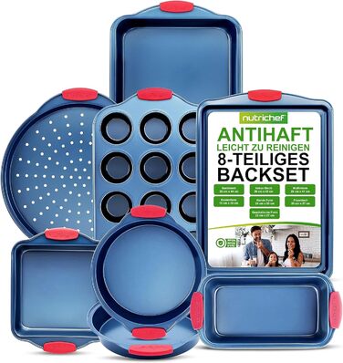 Набір форм для випічки Nutrichef 10 шт. з антипригарним покриттям – для випікання солодкого (печиво) та солодкого (піца). Форми для випічки з вуглецевої сталі, без PFOA та PTFE, з силіконовими ручками (круглі та квадратні).