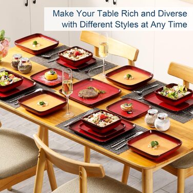 LOVECASA Сервіз Tafelservice Vibri, 16 частин, квадратний сервіз з кераміки для 4 осіб | Тарілки, чашки, десертні тарілки та миски, (Червоний, 16 частин)