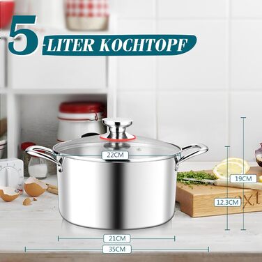 Каструля Joyfair 3.3L з кришкою з термостійкого скла, нержавіюча сталь, для всіх плит, індукція, 22 см