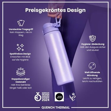 Ion8 Vacuum Insulated Stainless Steel Water Bottle, 1 Liter, 920 ml, Leak-Proof, One-Handed Opening, Secure Locking Mechanism, Dishwasher Safe, Carrying Handle, Durable, Ideal for Sports and Yoga (OneTouch 2.0, Light Purple)