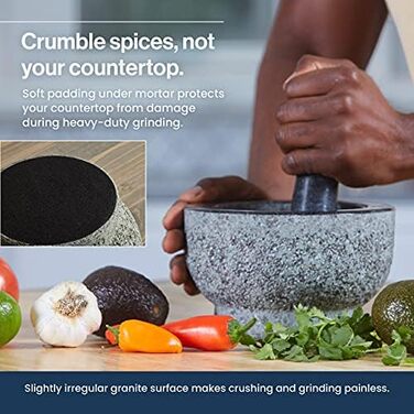 Гранітна ступка з пестиком Molcajete (6 дюймів) — велика кам'яна чаша для розтирання спецій, трав, приготування гуакамоле, сальси та песто, об'єм 2 чашки