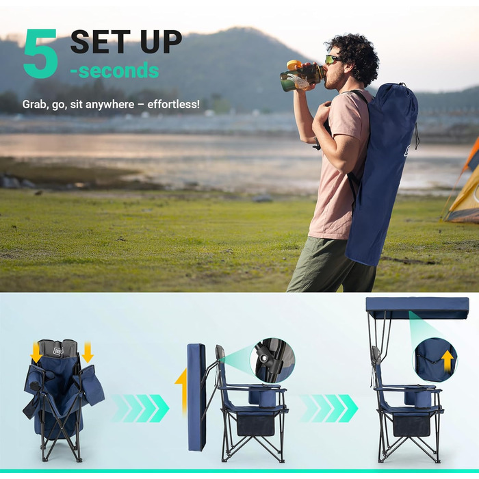 Кемпінговий стілець Overmont зі спадковим дахом, підсклянником та охолоджуючим кишенем - блакитно-сірий