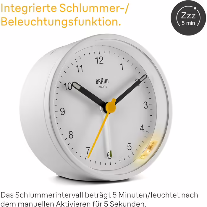 Braun Classic Analog Alarm Clock with Snooze Function and Light, Silent Quartz Movement, Crescendo Alarm in White, Model BC12W.