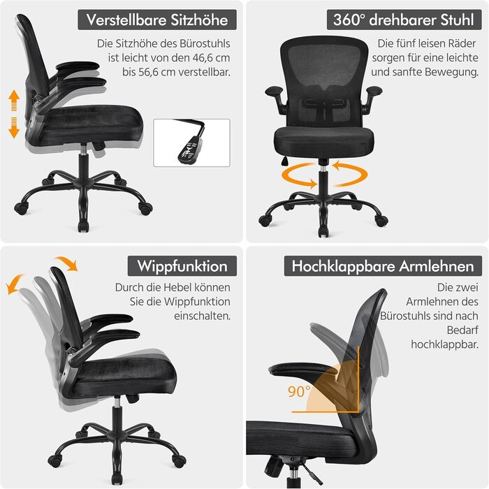 Офісне крісло Yaheetech з підйомними підлокітниками, регульованою підтримкою попереку, сітчасте крісло, ергономічне, з функцією гойдання, регульоване по висоті, чорне