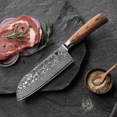 Ніж кухонний Wakoli EDIB Pro Santoku з дамаської сталі (VG10) 17 см, рукоять Pakkawood, подарункова коробка - для м'яса, риби та овочів, з можливістю гравіювання