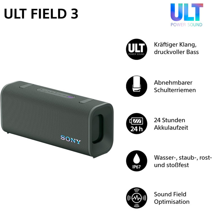 Sony ULT Field 3 Forest Grey – Портативна Bluetooth колонка з глибоким басом, 24 год автономії, IP67 (водонепроникна, пилозахищена, ударостійка)
