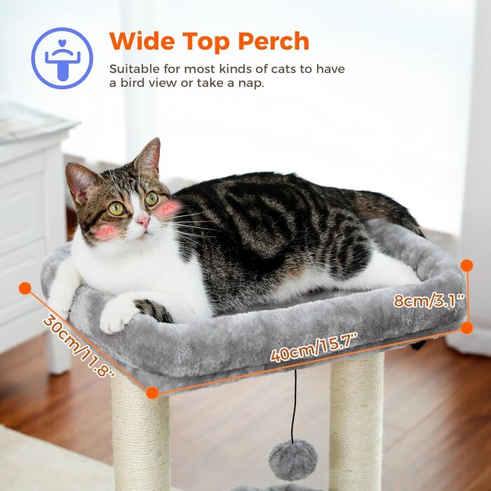 PAWZ Road Cat Tree, Multi-Level Cat Tower with Sisal-Covered Scratching Post, Cozy Cat Condo, and Large Cat Perch for House Cats (Gray)